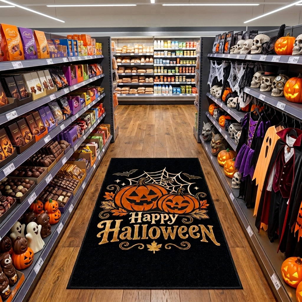 Halloween Matte XXL (85x150 cm) – Rutschfeste Fußmatte mit Kürbis-Motiv & Happy Halloween